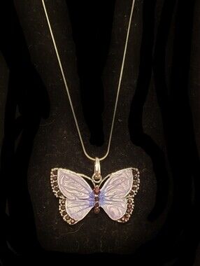 NEW Butterfly Pendant Necklace, Purple & Bejeweled, Long Silver Snake Chain